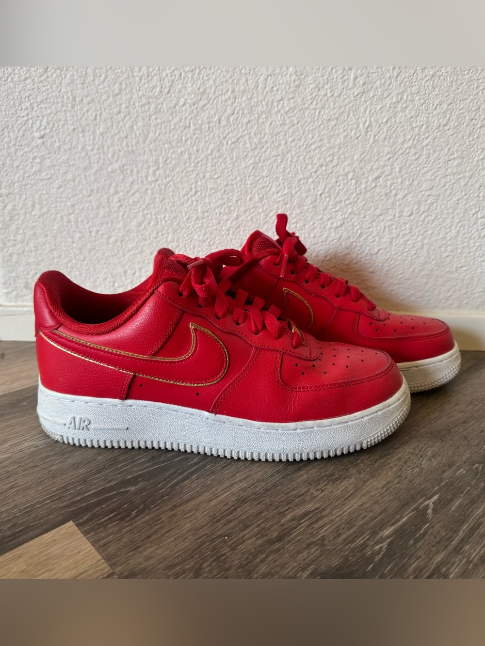 Nike Air Force One Red Leather Sneakers with Gold Swoosh